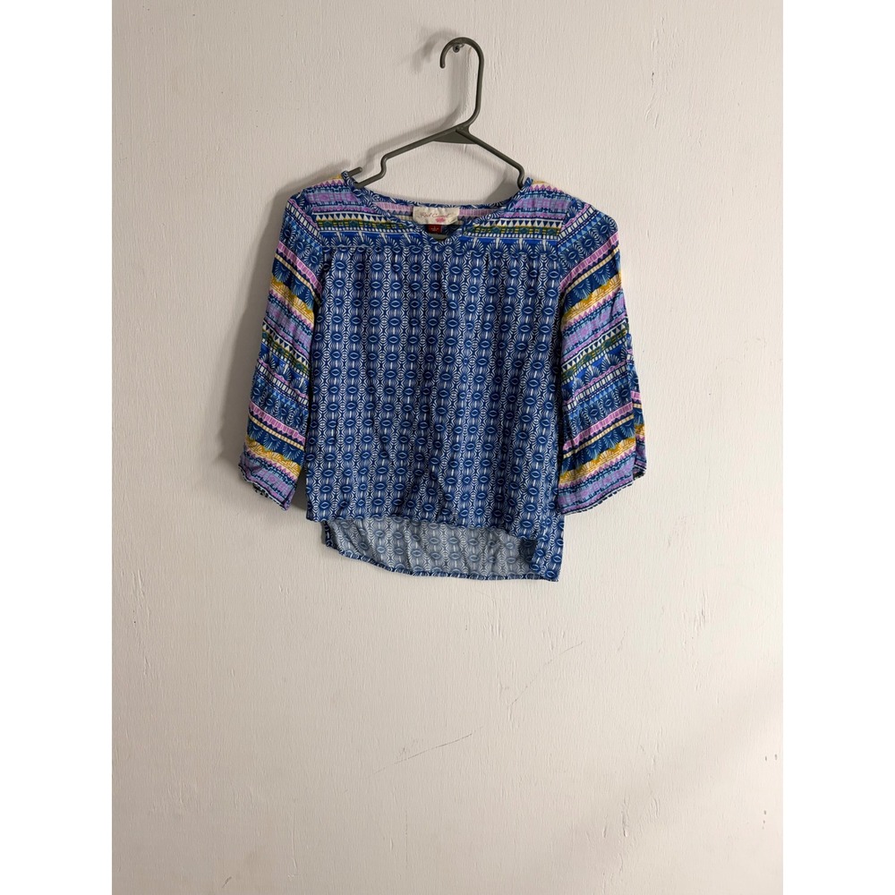 Red Camel Girls Blue Boho Geometric Tribal Print Rayon Peasant Top Large L